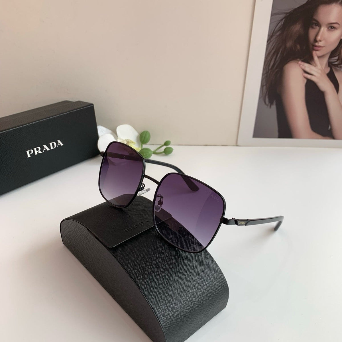 Prada Metal Square Black Lens Sunglasses for Men & Women - detail image 3